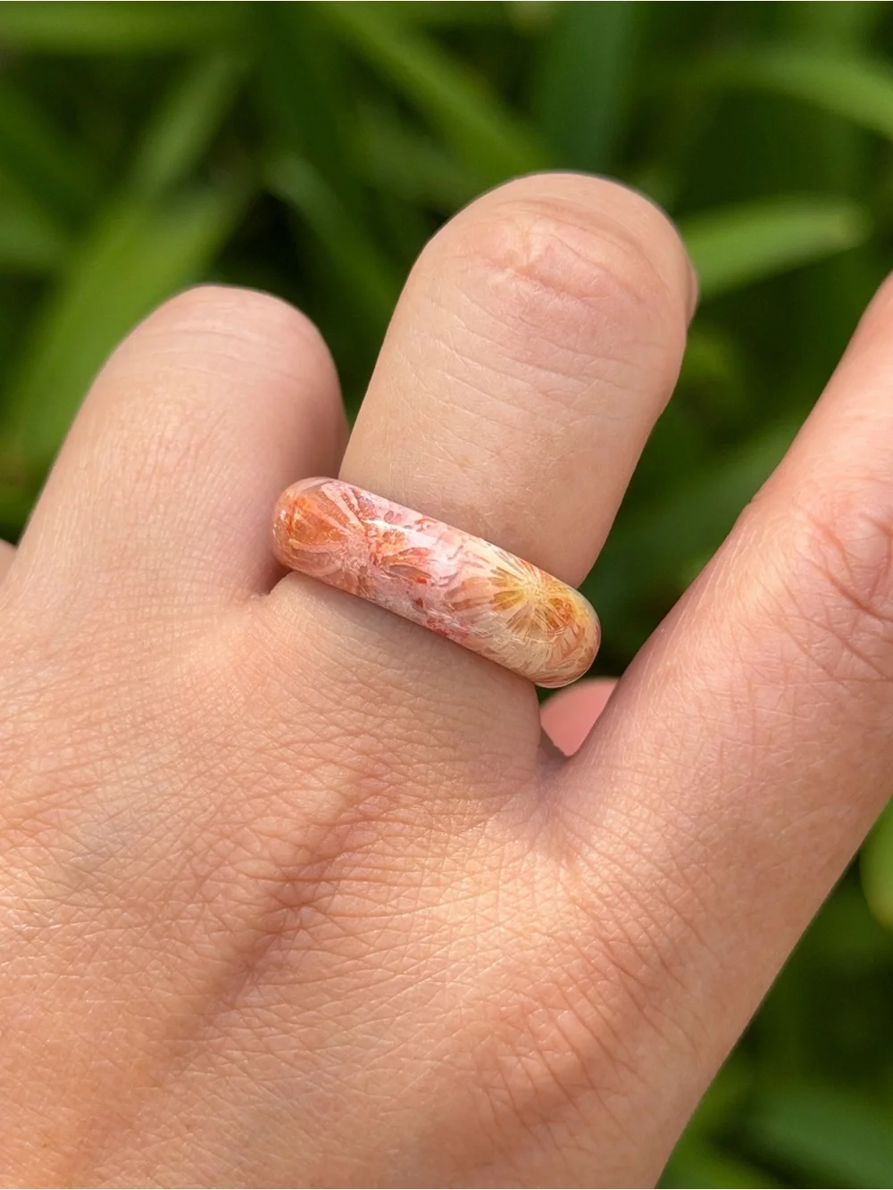 Size 7.5 Handcrafted Floral Coral Jade Dome Ring Peach Orange Color 1757